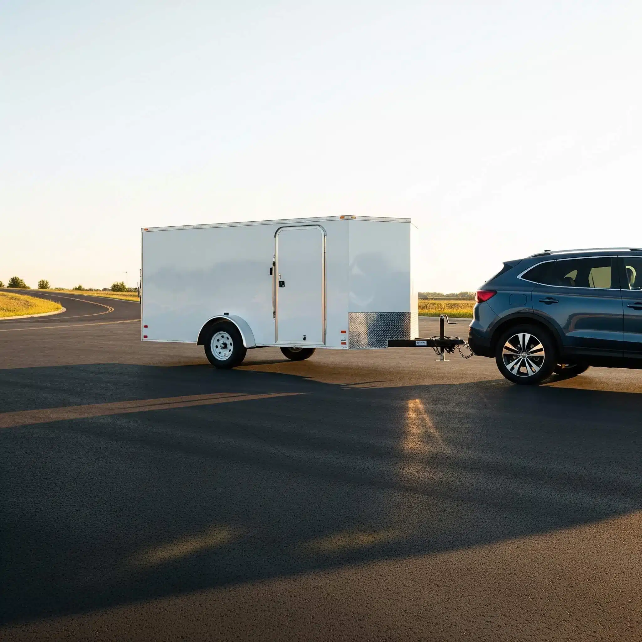 A small enclosed trailer being towed by a compact car in a dealership lot