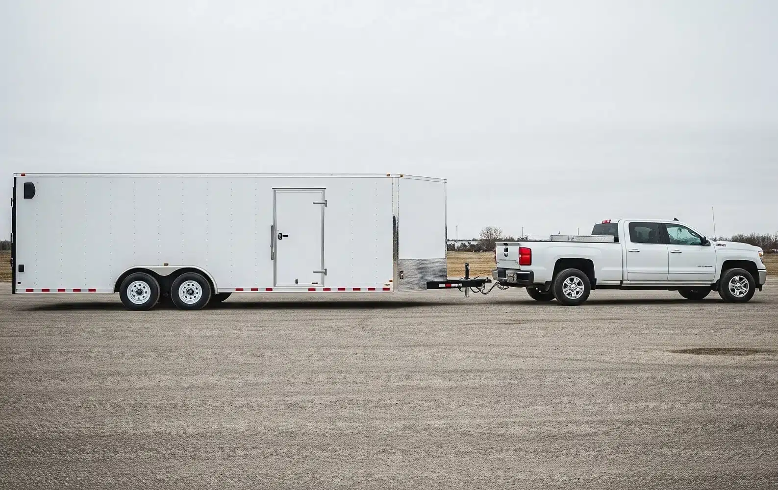 A large enclosed utility trailer hitched to a pickup truck