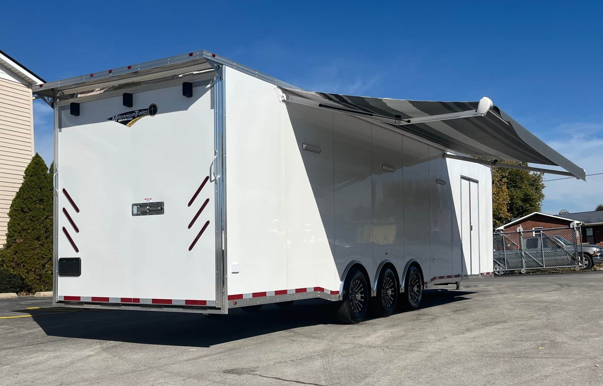 Enclosed Car Trailer 2026 34ft. w/Large Corner Bathroom, Electric Awning, Aluminum Wheels, & More! 0208