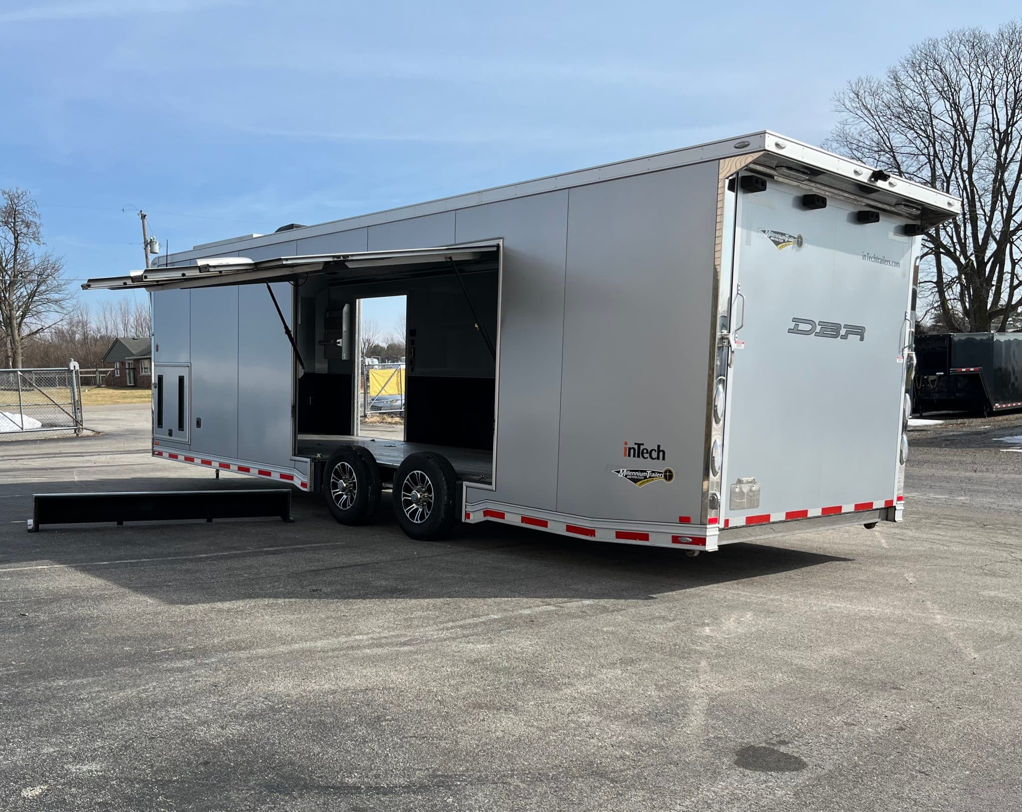 Used LOADED Intech Alum Car Trailer 2021 28ft. w/7.0 Diesel Gen, 15K BTU AC & Large Escape Door 7720